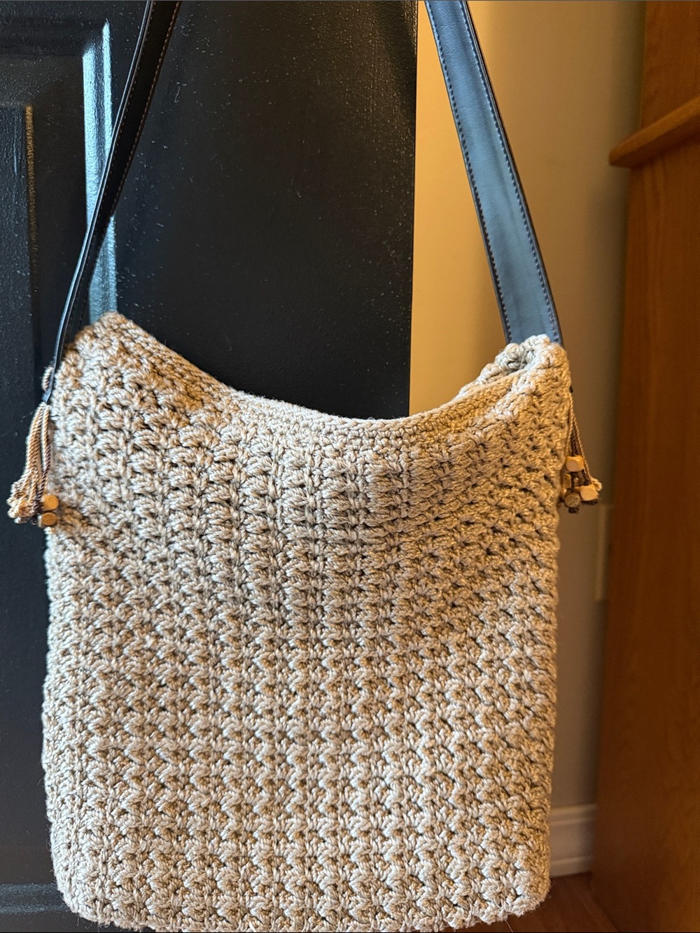 The Sak Beige Woven Crochet Shoulder Bag with Black Strap - Picture 2 of 3